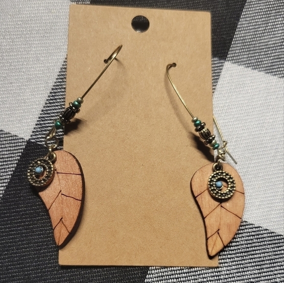 Jewelry - New homemade bohemian wooden leave and turquoise earrings